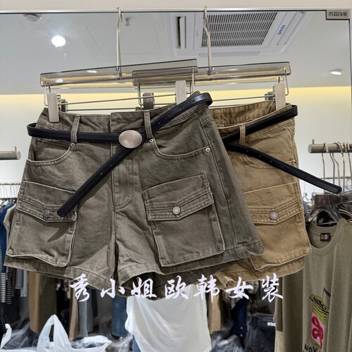 欧洲站2026秋新款工装风高腰A字短裤女复古口袋修身显瘦裤子85103