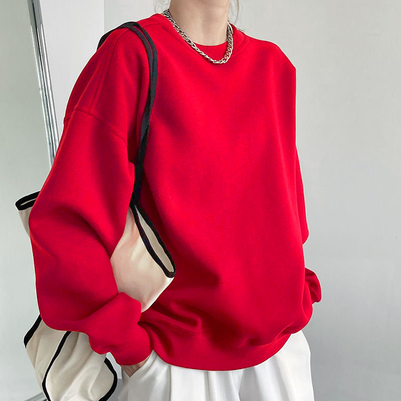 秋季红色圆领卫衣长袖T恤女黑色ins外穿打底衫韩版上衣服女长袖