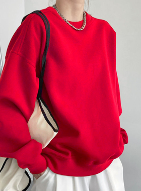 秋季红色圆领卫衣长袖T恤女黑色ins外穿打底衫韩版上衣服女长袖