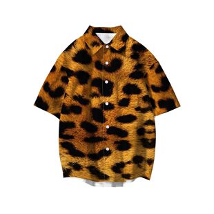 美式潮流趣味卡通印花老虎斑纹短袖衬衫2025春夏季青少年男女上衣