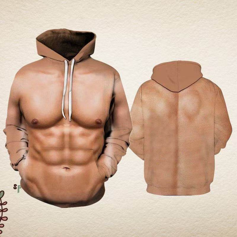 创意搞笑猛男肌肉搞怪衣服卫衣长袖印花连帽立体图案个性胸腹肌衫