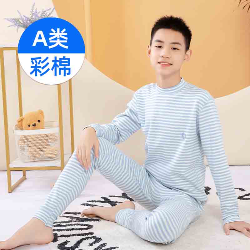 男童秋衣秋裤套装纯棉中大童男孩彩棉12全棉13岁半高领线衣线裤