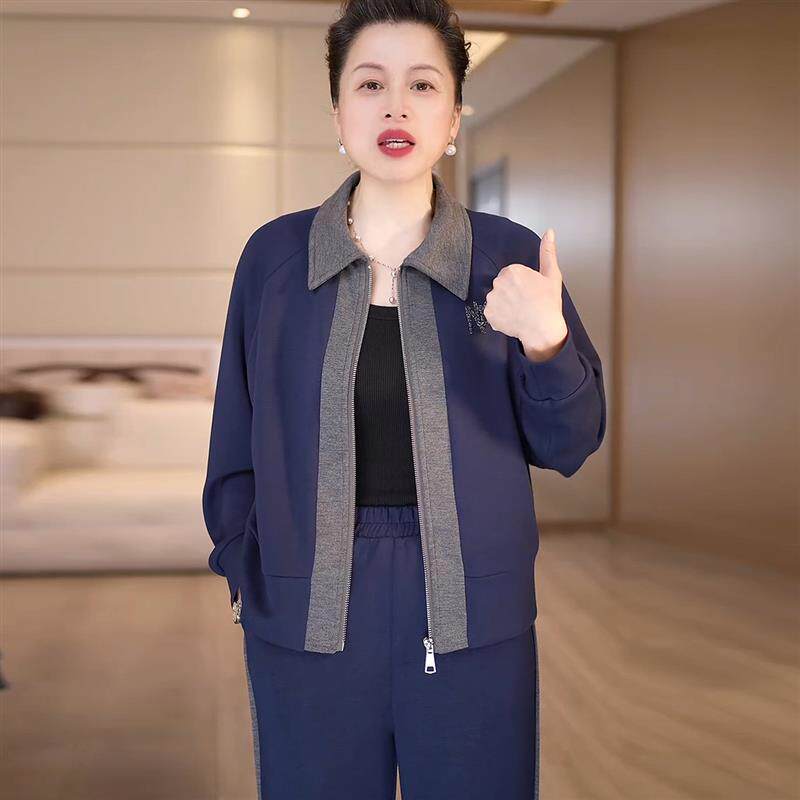 妈妈春秋装运动套装中老年女装外套新款休闲修身开衫大码两件套装