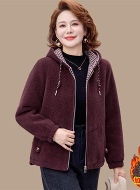 妈妈冬装外套新款加绒连帽上衣服洋气中老年女加厚水貂绒大衣短款