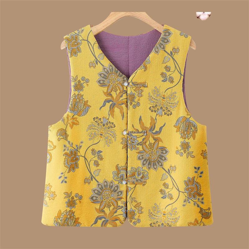 新中式秋冬夹棉马甲奶奶背心提花新款棉外套盘扣妈妈坎肩国风上衣