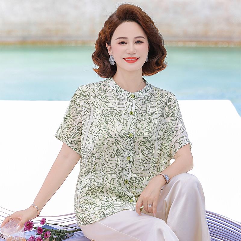 中年妈妈夏装雪纺短袖衬衫上衣2026新款洋气印花收腰减龄小衫套装