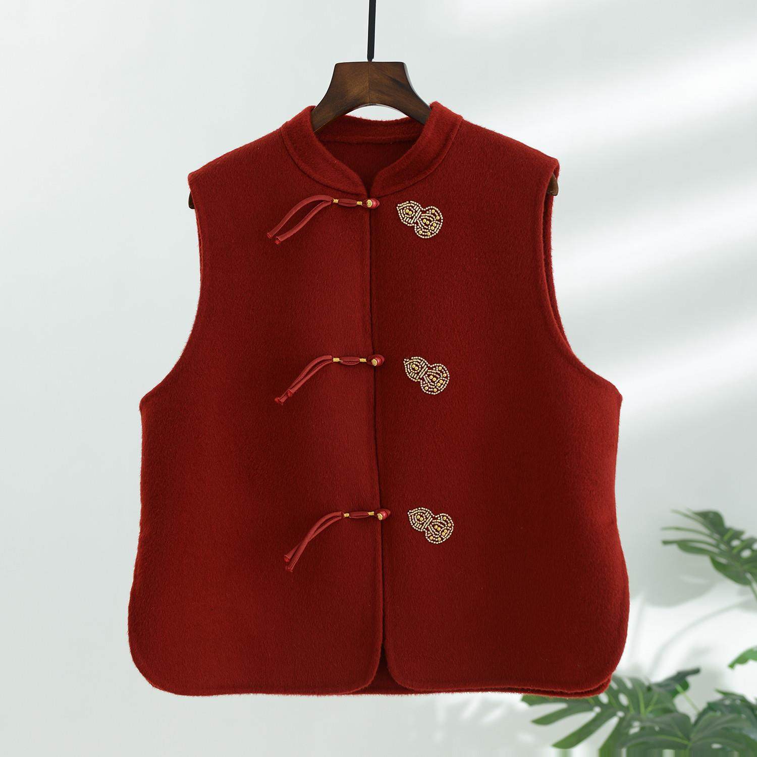 钉珠葫芦双面呢马甲女短款小个子福禄红色羊毛马夹外穿2025新款冬,女装/女士精品,毛呢外套,淘宝优惠券,粉丝福利购,淘宝优惠卷