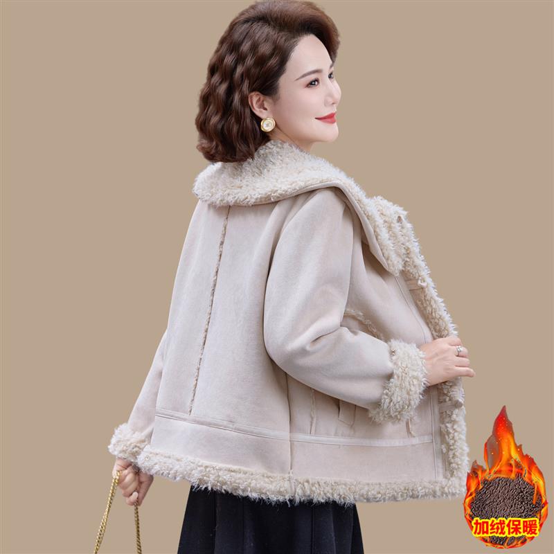 中年妈妈冬装外套加绒加厚新款中老年女冬季保暖毛呢上衣时尚棉衣