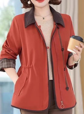 妈妈春装外套短款洋气风衣薄款翻领新款中老年女春秋夹克时尚上衣