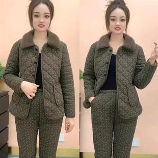 冬装时尚毛领加绒加厚棉服套装洋气妈妈装减龄保暖家居服棉衣棉裤