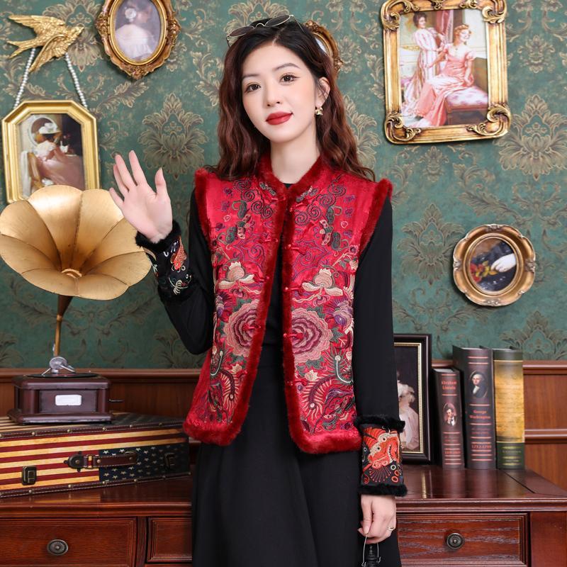 唐装秋冬新款重磅仿真丝刺绣新中式国风盘扣马甲女水貂毛条花坎肩