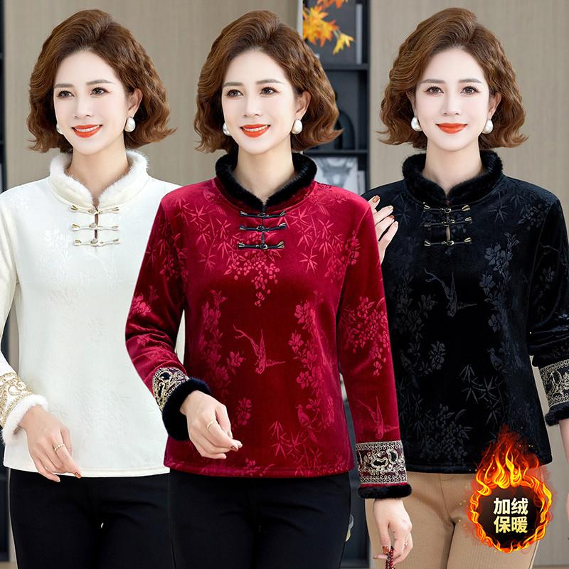 中老年女秋冬短款旗袍上衣中式金丝绒提花加绒加厚保暖T恤打底衫