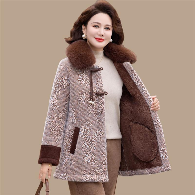 中老年妈妈毛呢子外套加绒加厚毛领中长款洋气高贵水貂绒大衣冬装
