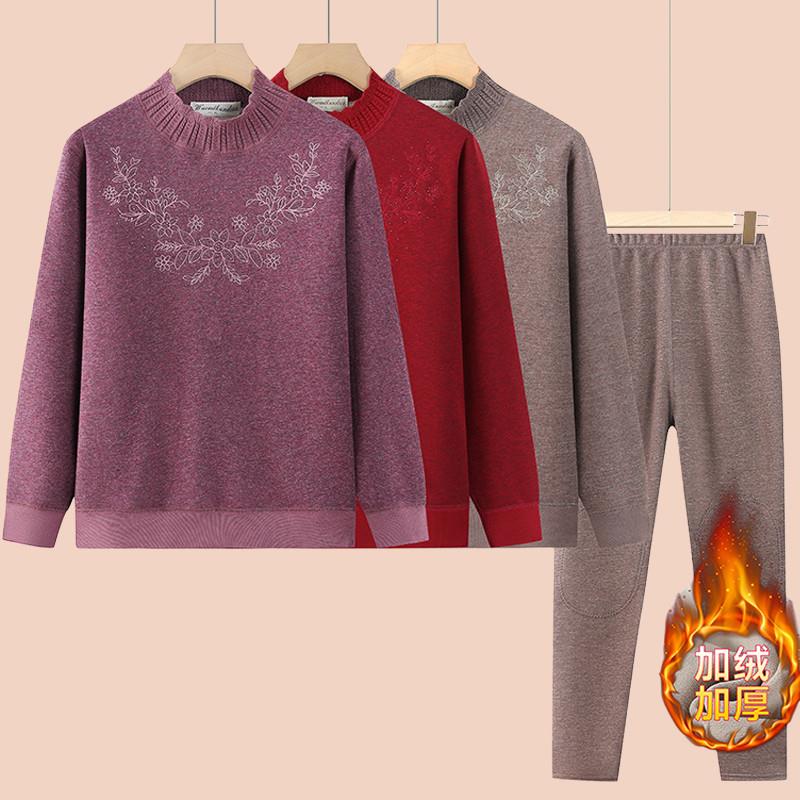 妈妈装冬季加绒加厚保暖衣套装女中老年奶奶装立领上衣裤子两件套