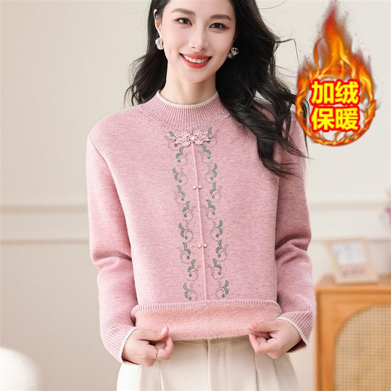 妈妈秋冬加绒毛衣女2025新款中老年女装加厚一体绒保暖针织打底衫