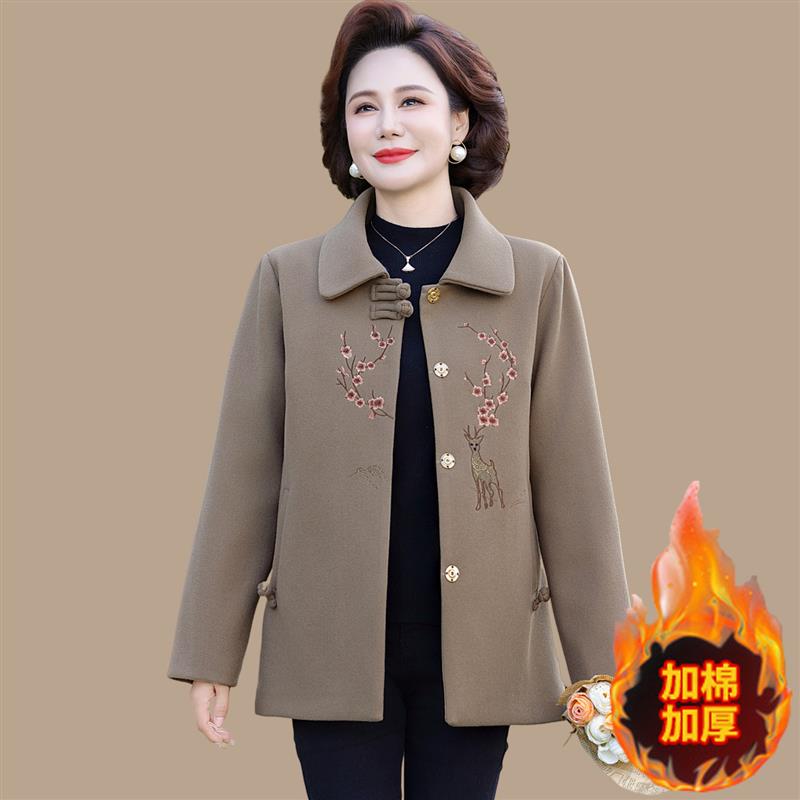 妈妈冬装加棉加厚毛呢外套洋气质小个子中老年女短款翻领呢子大衣