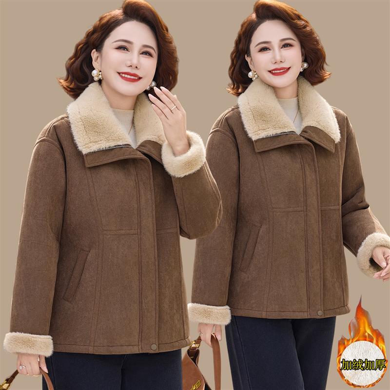中年妈妈冬装新款皮毛一体加绒保暖外套中老年女冬季洋气加厚棉袄