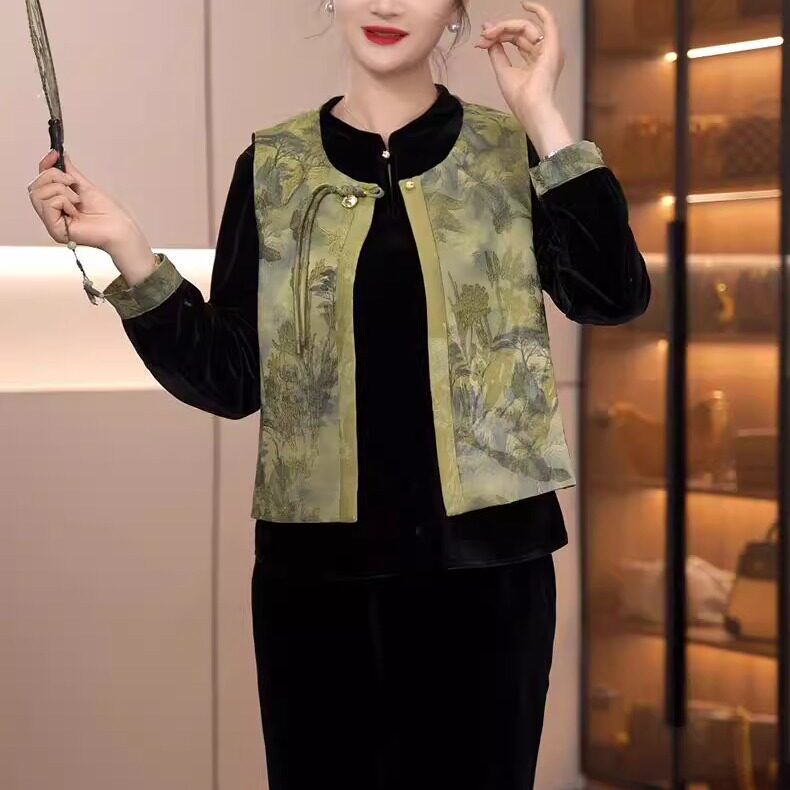 妈妈春款新中式复古马甲丝绒衬衫三件套中年女装新款时尚套装气质