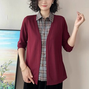 2025新款妈妈装长袖T恤女宽松中老年假两件衬衫上衣带领子打底衫