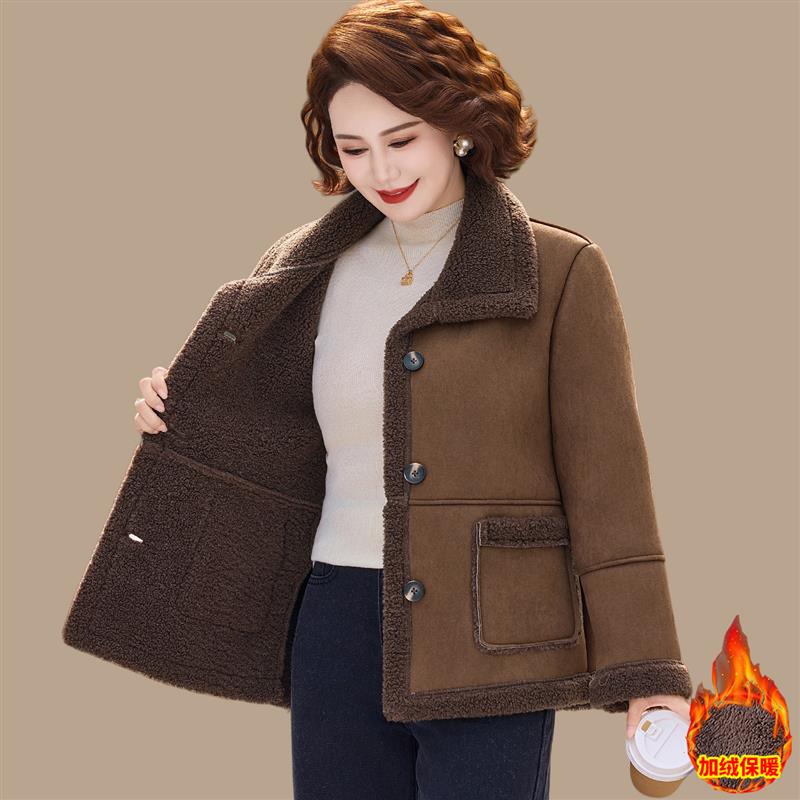 洋气妈妈冬装外套加绒加厚保暖棉衣新款中老年女冬季皮毛一体上衣