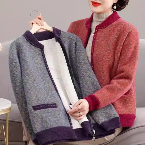 妈妈装仿水貂绒开衫中老年女装