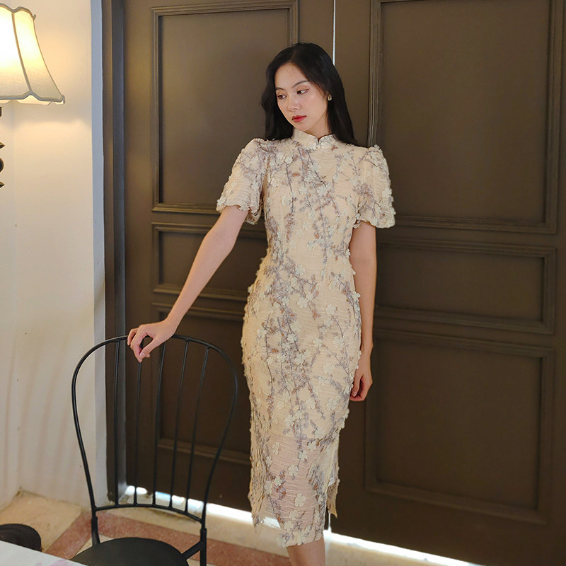 立体碎花别致独特改良旗袍连衣裙