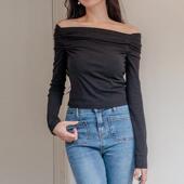 一字肩上衣露锁骨上装 邂逅日内搭修身 针织t恤短款 法式 修身 性感