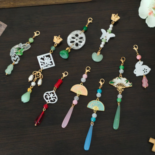 古风旗袍挂饰沙金小吊坠清新粉扇子胸前百搭挂饰挂件气质流苏挂坠