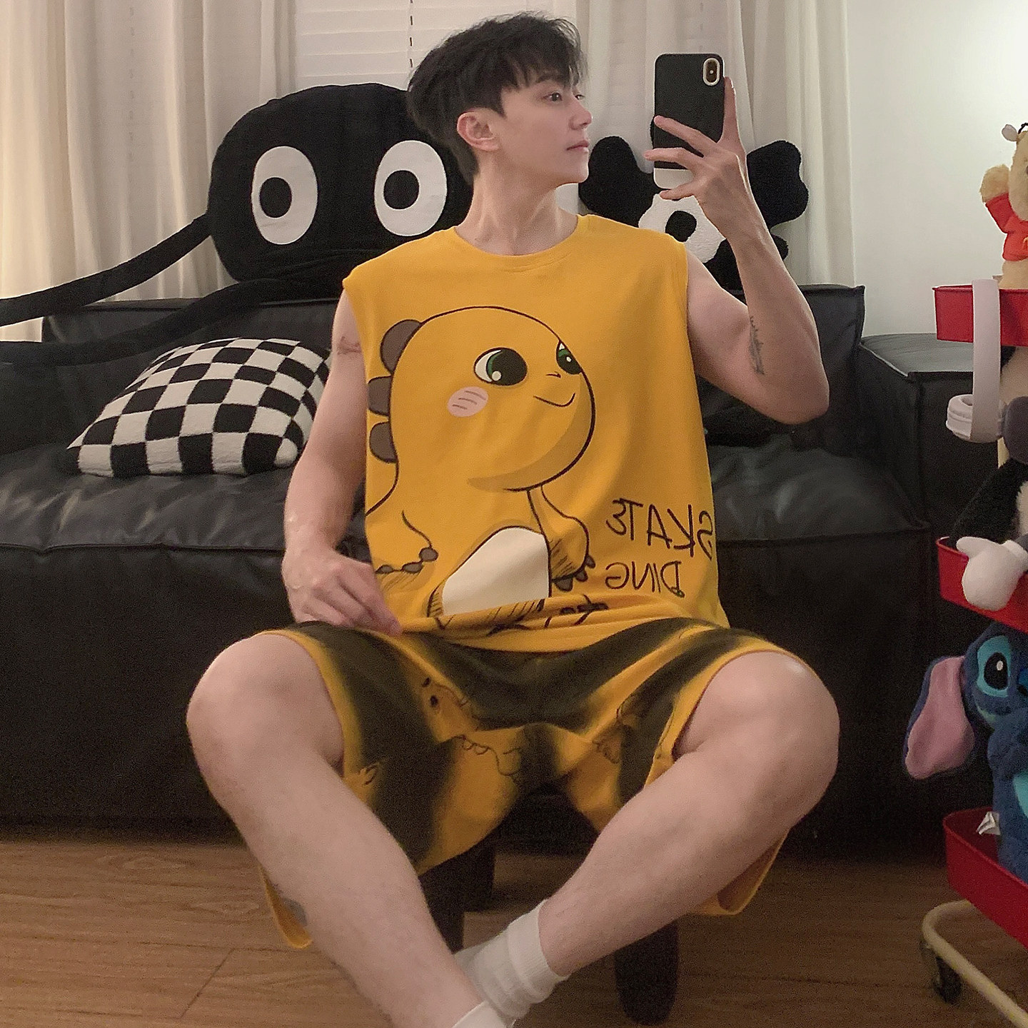 男款纯棉卡通恐龙睡衣夏季薄款无袖背心短裤青少年学生家居服套装