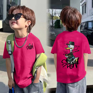 卡通风纯棉短袖T恤男童夏季圆领宽松个性印花潮牌玫红色显白上衣