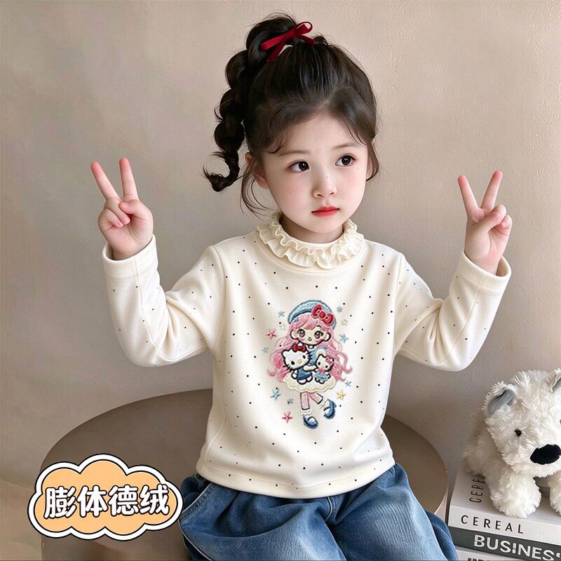 女童德绒波点卡通印花长袖T恤秋冬洋气荷叶边保暖可外穿套头上衣