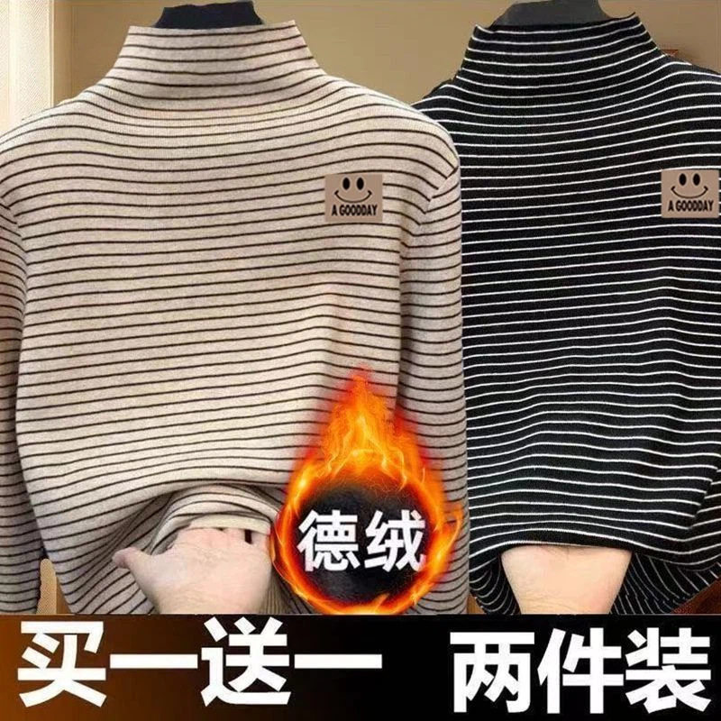 男女童条纹德绒打底衫长袖半高领