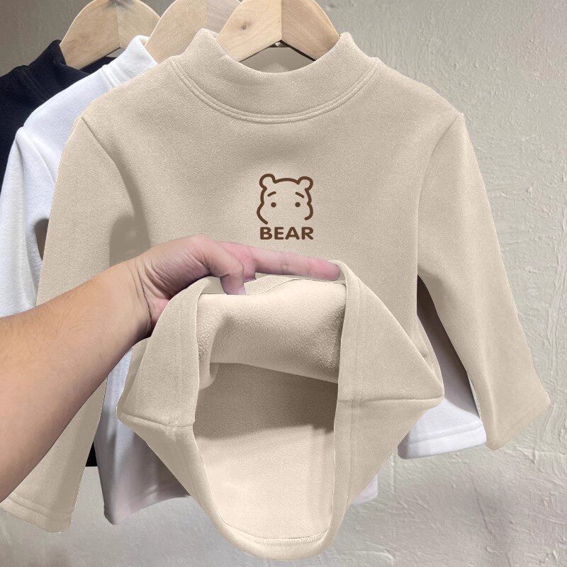 儿童小熊一体绒德绒半高领奥粒绒加绒加厚保暖上衣男女童打底衫