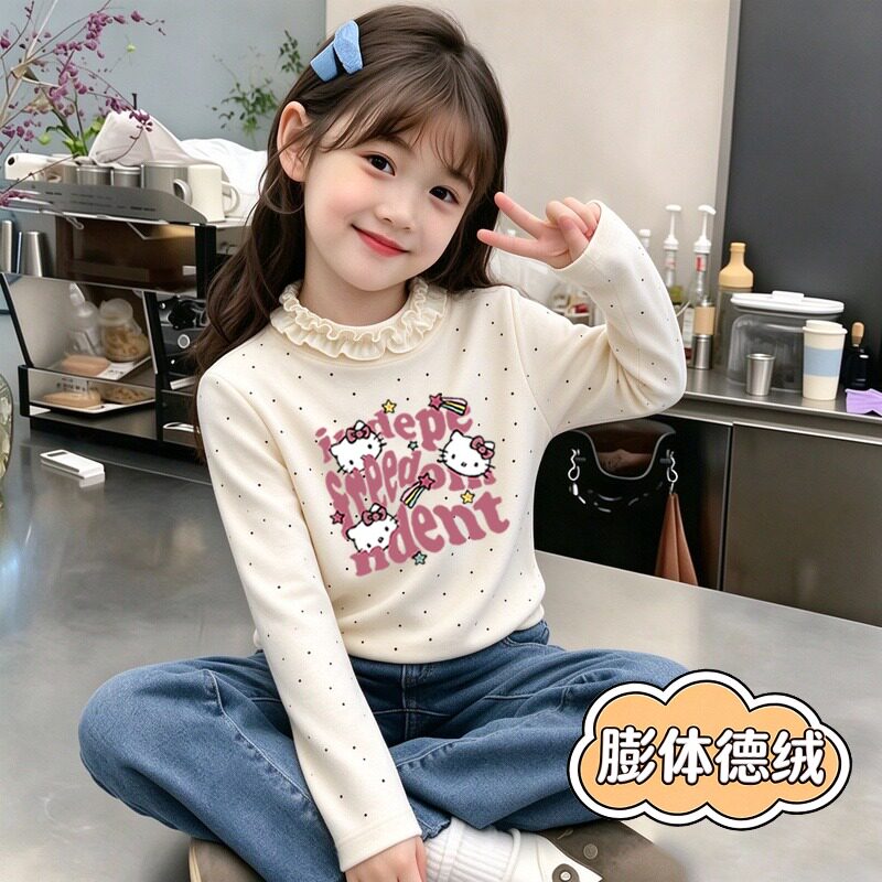 女童卡通猫咪德绒花领保暖上衣秋冬中领套头洋气打底衫外穿长袖