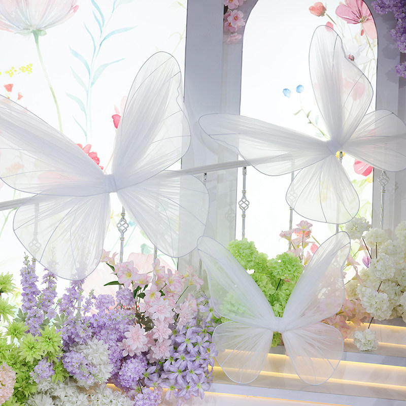 户外婚礼森系波浪纱真丝蝴蝶背景森系婚礼路引背景多巴胺装饰摆件