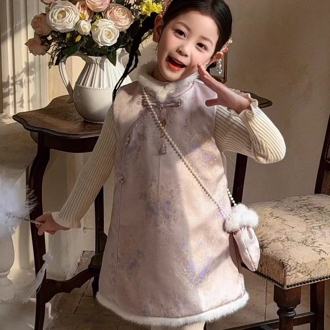 女童2025年新款加棉加厚背心裙毛衣两件套小女孩新中式国风旗袍裙,童装/婴儿装/亲子装,连衣裙,淘宝优惠券,粉丝福利购,淘宝优惠卷