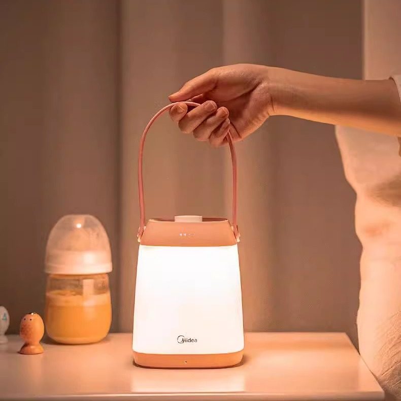 美的LED小夜灯便携式手提灯暖光护眼卧室床头灯粉色充电台灯