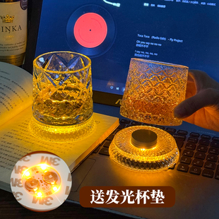 麦卡伦转转杯子水晶旋转威士忌酒杯高级感白兰地古典洋酒杯发光垫