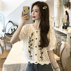 Real shot / real price Korean version hollow out embroidery trumpet sleeve splicing short sleeve cardigan top