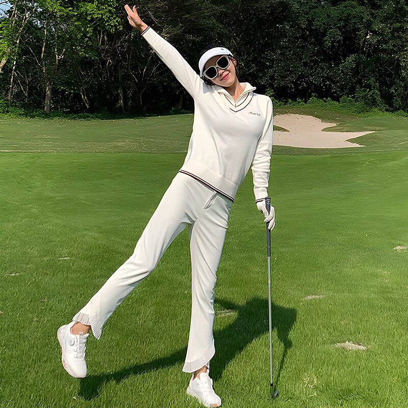 高尔夫女装秋冬新款女士长袖保暖毛衣户外网球修身白色运动服套装