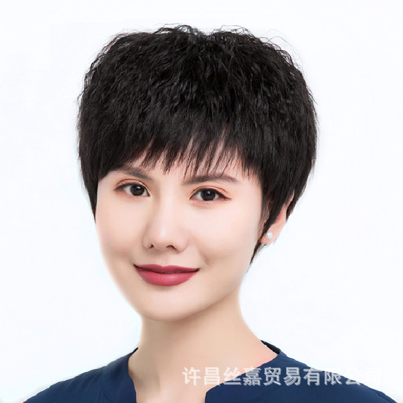 假发女中老年假发全真人发丝蓬松玉米须烟花烫短卷发全真发全头套
