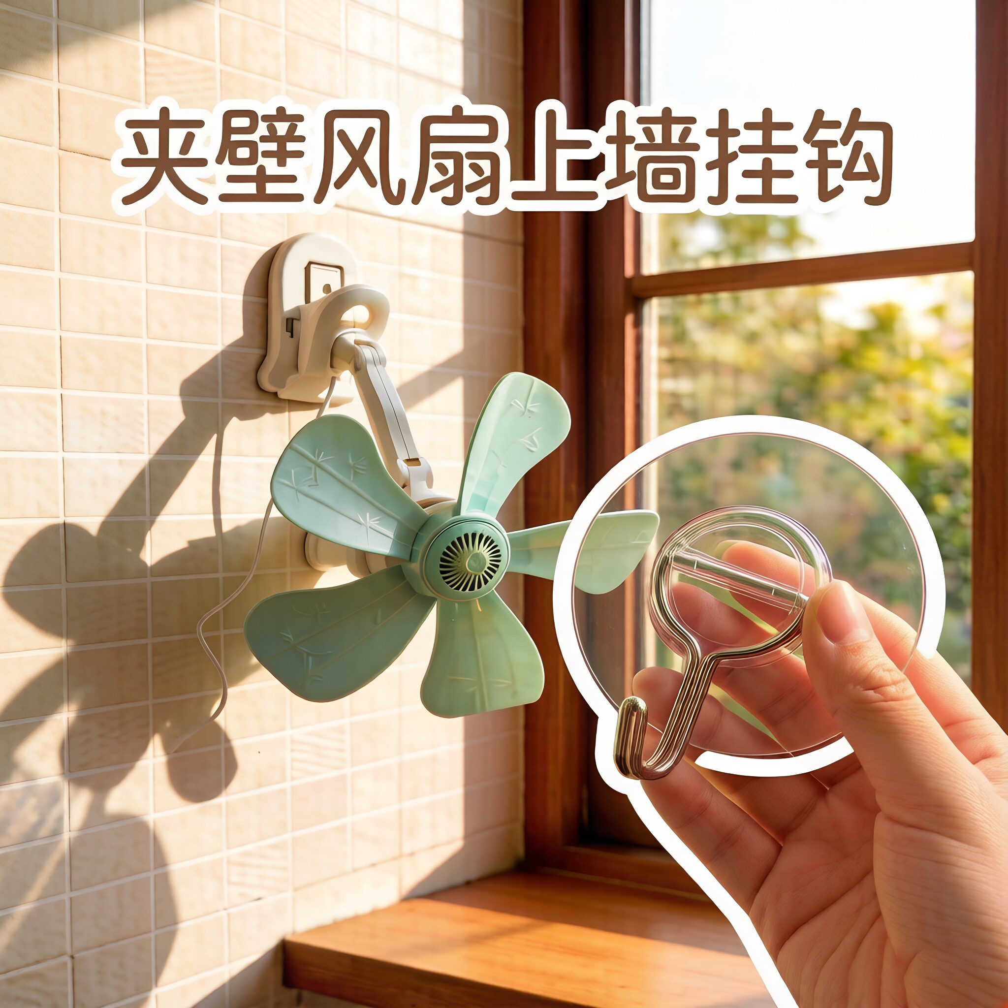 透明厨房夹壁风扇上墙挂钩迷你不锈钢粘钩隐形强力吊顶活动无痕贴 - 实物图
