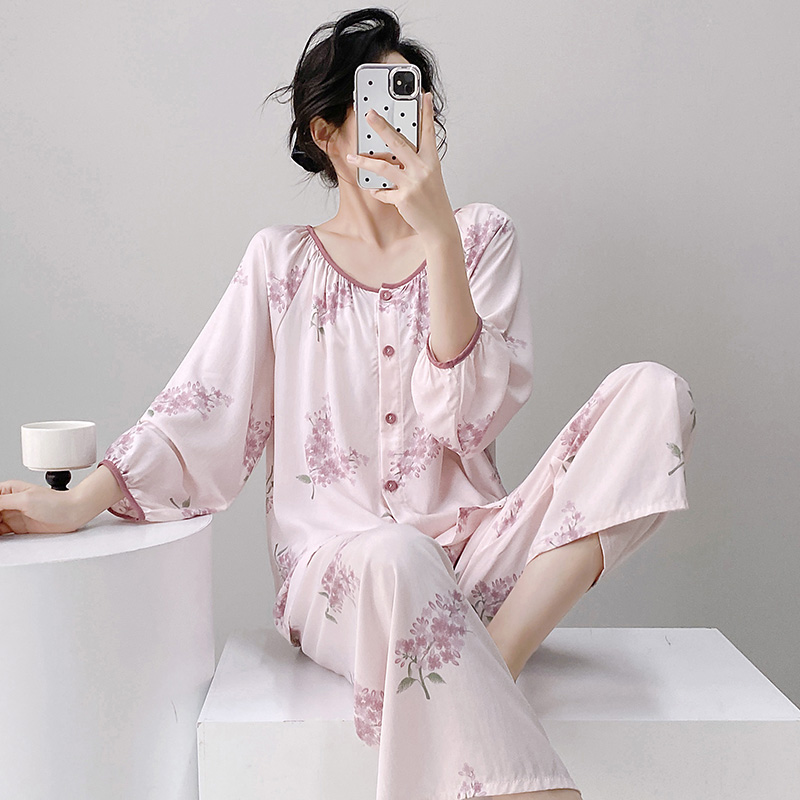 夏季长袖棉绸睡衣女外穿开衫套装