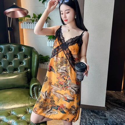 2023夏季新款睡衣女性感吊带睡裙冰丝面料柔软舒适时尚蕾丝家居服