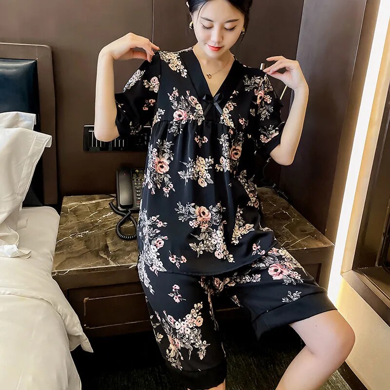 2024夏季睡衣套装短袖短裤冰丝面料柔软舒适仿真丝大码女家居服套