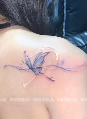 幽蓝蝶绪 | 性感蓝色蝴蝶胸前锁骨彩色纹身贴纸防水持久高级刺青