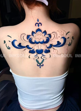 INKSOUL瓷韵青莲满背莲花纹身贴