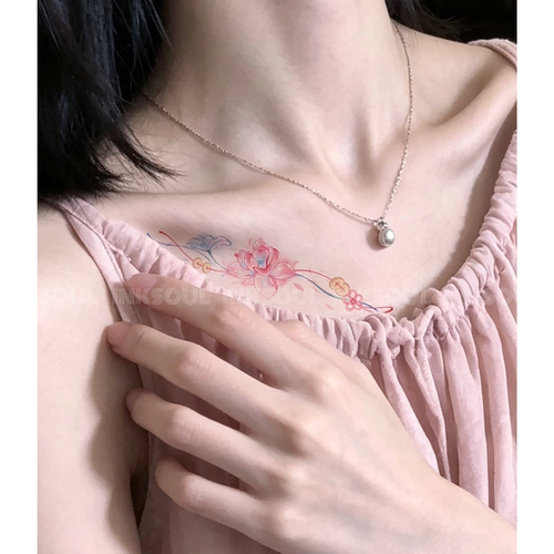 INKSOUL 新中式荷花绳结纹身贴水墨淡彩莲花寓意款锁骨手臂贴纸