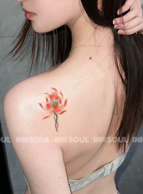 灼华青实 | 高级感荷花小众彩色纹身贴后背美人花朵防水持久可洗
