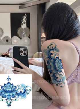 INKSOUL 花臂新中式莲花满背纹身贴纯欲仿真遮疤ins风青花瓷花卉